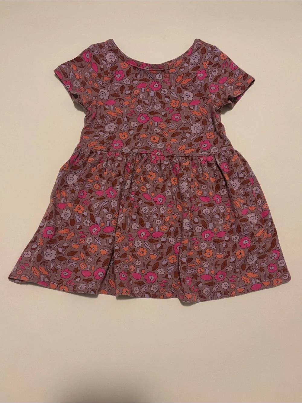 Purple Floral Short-Sleeve Cotton Dress w/Pink, Orange & Brown Accents
